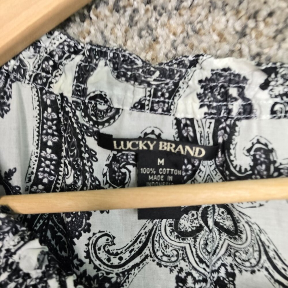 Lucky Brand Top Womens Medium Black Paisley Print Peasant Blouse Casual Neck Tie - Picture 6 of 7